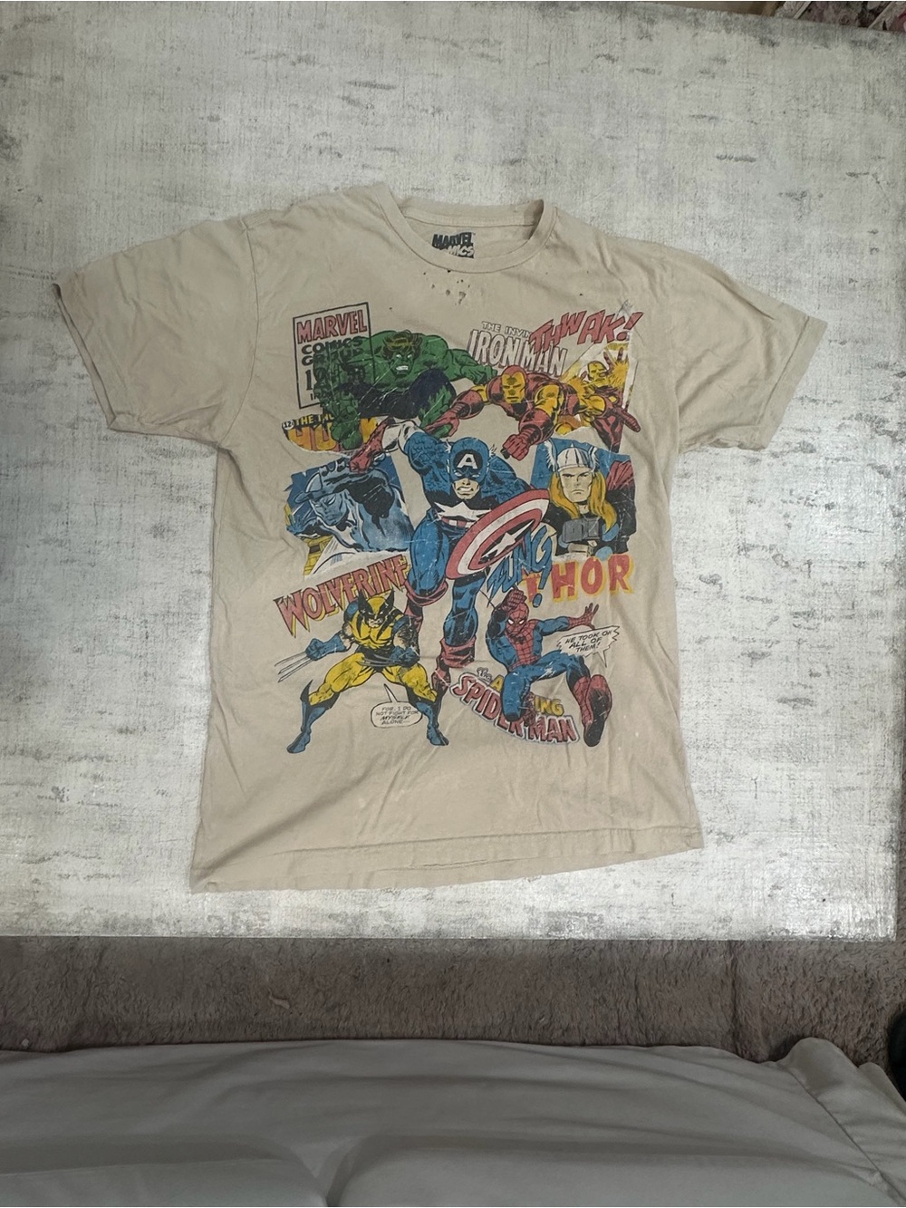 Marvel Beige Short Sleeve Tee with Multicolor Superhero Graphic